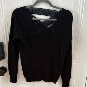 (5/$20) Black V-Neck Sweater with Back Lace Detail